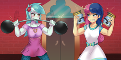 Size: 2200x1100 | Tagged: safe, artist:tzc, bon bon, lyra heartstrings, sweetie drops, all's fair in love & friendship games, equestria girls, g4, my little pony equestria girls: friendship games, anime, barbell, biceps, bon bombastic, book, canterlot high, clothes, commission, cutie mark necklace, doors, gritted teeth, lyra hamstrings, mouth hold, muscles, pants, phone book, scene interpretation, weights, yellow pages