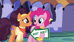 Size: 1284x724 | Tagged: safe, edit, edited screencap, screencap, pinkie pie, saffron masala, pony, g4, spice up your life, arrow, pointing, sign, smiling