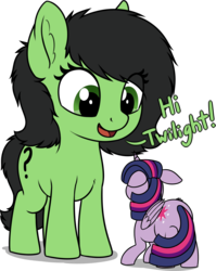 Size: 3102x3905 | Tagged: safe, artist:smoldix, twilight sparkle, oc, oc:filly anon, alicorn, pony, g4, female, filly, floppy ears, giant pony, high res, looking down, macro, open mouth, simple background, size difference, transparent background, twilight sparkle (alicorn)