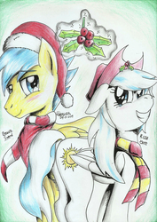 Size: 1651x2331 | Tagged: safe, artist:3500joel, oc, oc only, oc:blavesword, oc:rose moon, pegasus, pony, christmas, clothes, cowboy hat, duo, female, hat, holiday, holly, holly mistaken for mistletoe, magic, male, mare, santa hat, scarf, stallion, stetson, traditional art