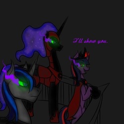 Size: 400x400 | Tagged: safe, artist:sinsays, nightmare moon, princess luna, shining armor, twilight sparkle, alicorn, pony, unicorn, ask corrupted twilight sparkle, tumblr:ask corrupted twilight sparkle, g4, alternate timeline, armor, betrayal, cape, clothes, color change, corrupted, corrupted element of harmony, corrupted element of magic, corrupted luna, corrupted nightmare moon, corrupted shining armor, corrupted twilight sparkle, crown, curved horn, dark, dark equestria, dark magic, dark queen, dark world, darkened coat, darkened hair, ethereal mane, glowing eyes, hoof shoes, horn, jewelry, magic, mind control, necklace, part of a series, possessed, queen twilight, regalia, sombra empire, sombra eyes, sombra horn, sombrafied, tiara, trio, tumblr, twilight is anakin, tyrant sparkle, unicorn twilight