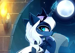 Size: 1555x1113 | Tagged: safe, artist:magnaluna, princess luna, alicorn, pony, g4, alternate design, choker, crown, dock, ear fluff, ears back, eyeshadow, female, folded wings, full moon, hoof shoes, horn, horn jewelry, jewelry, levitation, looking back, magic, makeup, mare, moon, night, night sky, princess shoes, regalia, scroll, sky, solo, starry night, tail, telekinesis, tiara, torch, white-haired luna, wing jewelry, wings