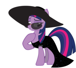 Size: 790x707 | Tagged: safe, artist:greycat-rademenes, twilight sparkle, pony, g4, black dress, clothes, dress, female, hat, hoof on chest, mare, simple background, smiling, solo, sunglasses, transparent background, vector