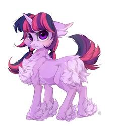 Size: 1017x1050 | Tagged: safe, artist:makkah, twilight sparkle, pony, unicorn, g4, 2018, :t, blushing, butt fluff, chest fluff, cute, ear fluff, female, floppy ears, fluffy, grumpy, hoof fluff, mare, pigtails, pouting, simple background, solo, twiabetes, twintails, unamused, unshorn fetlocks, white background