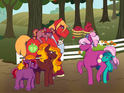 Size: 1024x769 | Tagged: safe, artist:consistingg, big macintosh, cheerilee, oc, oc:adriatic, oc:apple archer, oc:honey blossom, oc:maverick, oc:pear harvest, pony, g4, adopted offspring, alternate hairstyle, amputee, apple, baby, baby carrier, baby pony, blank flank, bucket, colt, family, female, fence, filly, food, hiding, male, missing limb, offspring, parent:big macintosh, parent:cheerilee, parents:cheerimac, ship:cheerimac, shipping, straight, stump, sweet apple acres