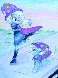 Size: 1741x2322 | Tagged: safe, artist:liaaqila, trixie, human, pony, unicorn, equestria girls, g4, :p, boots, cape, chest fluff, clothes, cute, diatrixes, dress, ear fluff, eye contact, fall formal outfits, female, floppy ears, fluffy, grass, grin, hat, high heel boots, human ponidox, leg fluff, lidded eyes, looking at each other, mare, marker drawing, neck fluff, race, racing, running, self ponidox, shoes, sidewalk, silly, size difference, skirt, smiling, smirk, solo, tongue out, traditional art, trixie's cape, trixie's hat, windswept mane