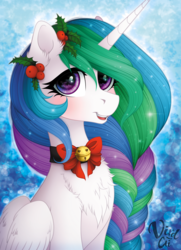 Size: 1460x2020 | Tagged: dead source, safe, artist:vird-gi, princess celestia, alicorn, pony, g4, blushing, braid, chest fluff, christmas, cute, cutelestia, female, holiday, holly, looking at you, mare, open mouth, solo