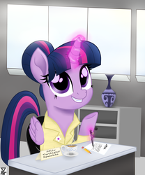 Size: 2500x3000 | Tagged: safe, artist:theretroart88, twilight sparkle, alicorn, pony, g4, my little pony: the movie, clothes, coffee, cup, drink, female, high res, looking at you, magic, mare, misspelling, movie accurate, office, pencil, smiling, solo, telekinesis, twilight sparkle (alicorn), window