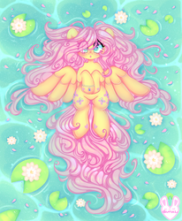Size: 3504x4255 | Tagged: safe, artist:bunxl, fluttershy, pegasus, pony, g4, blushing, bracelet, cute, female, flower, heart, heart eyes, jewelry, lilypad, long hair, long mane, long tail, looking at you, mare, open mouth, shyabetes, starry eyes, water, wide hips, wingding eyes