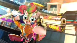 Size: 3840x2160 | Tagged: safe, artist:apexpredator923, pinkie pie, earth pony, pony, g4, 3d, aiming, crossover, crowbar, female, gun, handgun, high res, paint, revolver, solo, source filmmaker, sunset overdrive, video game