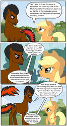 Size: 900x1692 | Tagged: safe, alternate version, artist:gloverboy21, artist:gloverboy23, applejack, oc, oc:devon darkhooves, pony, g4, ponyville confidential, angry, apple orchard, comic page, edgy, glare, male, overdramatic, overreaction, ow the edge, self insert, stallion, sweet apple acres