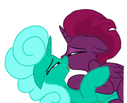 Size: 1336x1080 | Tagged: safe, artist:徐詩珮, fizzlepop berrytwist, glitter drops, tempest shadow, alicorn, pony, g4, alicornified, duo, female, french kiss, kissing, lesbian, mare, narrowed eyes, race swap, ship:glittershadow, shipping, simple background, tempesticorn, transparent background