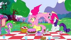 Size: 1280x720 | Tagged: safe, screencap, fluttershy, pinkie pie, rarity, spike, twilight sparkle, a canterlot wedding, g4, basket, cake, cup, drinking straw, flipping, food, picnic, picnic basket, picnic blanket, plate, sandwich, scroll, teacup, teapot, tree