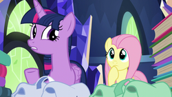 Size: 1280x720 | Tagged: safe, screencap, fluttershy, twilight sparkle, alicorn, pony, g4, the hooffields and mccolts, bag, book, duo, hoof on chin, saddle bag, twilight sparkle (alicorn)