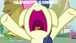 Size: 1280x720 | Tagged: safe, edit, edited screencap, screencap, bon bon, sweetie drops, earth pony, pony, g4, hearts and hooves day (episode), caption, female, fence, image macro, implied apocalypse, mawshot, open mouth, ponyville, text, uvula