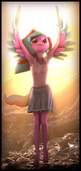 Size: 3840x8082 | Tagged: safe, artist:imafutureguitarhero, oc, oc only, oc:star beats, pegasus, anthro, plantigrade anthro, 3d, absurd resolution, anthro oc, armpits, barefoot, border, chromatic aberration, clothes, colored eyebrows, feet, female, film grain, glowing, looking up, mare, mountain, open mouth, outdoors, raised arm, signature, skirt, sleeveless, smiling, solo, source filmmaker, sun, sunlight, tank top, tongue out, vertical, windswept mane, windswept tail, wing arms, wings