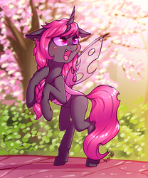 Size: 1918x2304 | Tagged: safe, alternate version, artist:dsp2003, derpibooru exclusive, oc, oc only, oc:esalen, changeling, changeling queen, braid, changeling queen oc, cherry blossoms, cherry tree, chromatic aberration, commission, cute, cute little fangs, cuteling, fangs, female, flower, flower blossom, mare, open mouth, pink changeling, rearing, slit pupils, solo, tree