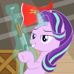 Size: 840x840 | Tagged: safe, artist:pizzamovies, derpibooru exclusive, starlight glimmer, pony, unicorn, ak-47, animated, assault rifle, blinking, communism, crate, cute, female, flag, gif, gun, hammer and sickle, levitation, magic, mare, raised hoof, rifle, s5 starlight, show accurate, solo, soviet union, stalin glimmer, telekinesis, warehouse, weapon