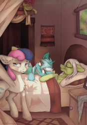 Size: 2067x2953 | Tagged: safe, artist:lonerdemiurge_nail, apple bloom, bon bon, granny smith, lyra heartstrings, sweetie drops, earth pony, pony, unicorn, fanfic:caretakers, g4, armpits, bed, fanfic art, female, high res, loose hair, plushie