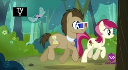 Size: 598x330 | Tagged: safe, screencap, doctor whooves, roseluck, seabreeze, time turner, breezie, g4, it ain't easy being breezies, 3d glasses, female, hub logo, hubble, male, tv rating, tv-y, walking