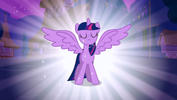 Size: 1280x720 | Tagged: safe, screencap, twilight sparkle, alicorn, pony, g4, magical mystery cure, my little pony: friendship is magic, eyes closed, female, glowing, mare, night, pony history, solo, sparkles, spread wings, twilight sparkle (alicorn), wings