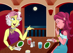 Size: 3000x2159 | Tagged: safe, artist:xethshade, gloriosa daisy, vignette valencia, equestria girls, equestria girls series, g4, bare shoulders, candle, crack shipping, drink, eyes closed, female, fire, food, full moon, glass, gloriette, high res, lesbian, moon, night, one shoulder, open mouth, pepper shaker, plate, restaurant, salt shaker, shipping, sitting, stars, table