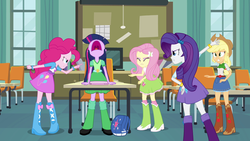 Size: 1920x1080 | Tagged: safe, screencap, applejack, fluttershy, pinkie pie, rarity, twilight sparkle, equestria girls, g4, my little pony equestria girls, applejack's hat, argument, cowboy hat, desk, female, hat, incomplete twilight strong, screaming, stetson