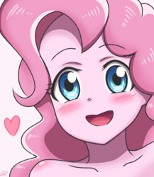Size: 650x750 | Tagged: safe, artist:tastyrainbow, pinkie pie, equestria girls, g4, anime, bare shoulder portrait, bare shoulders, big eyes, blue eyes, blushing, bust, cute, diapinkes, female, heart, implied nudity, looking at you, pink background, portrait, simple background, smiling, solo