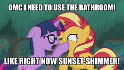 Size: 800x450 | Tagged: safe, edit, edited screencap, screencap, sci-twi, sunset shimmer, twilight sparkle, pony, unicorn, equestria girls, equestria girls series, g4, spring breakdown, spoiler:eqg series (season 2), bathroom denial, boop, caption, cutie mark, desperation, emergency, equestria girls ponified, exclamation point, eyes closed, eyes open, female, forest, glasses, holding, image macro, mare, meme, need to pee, nose to nose, noseboop, omorashi, open mouth, outdoors, ponified, potty time, raised hoof, scrunchy face, standing, stars, sun, text, tree, unicorn sci-twi, yelling
