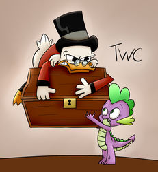 Size: 1024x1110 | Tagged: safe, artist:tellytoon, artist:tellywebcartoons, spike, dragon, g4, 30 minute art challenge, adventurer, anti-hero, chest, crossover, ducktales, ducktales 2017, greedy, hat, hero, scrooge mcduck, top hat, treasure chest