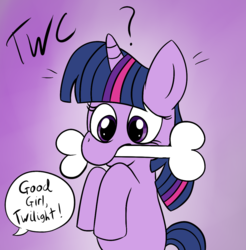 Size: 1077x1093 | Tagged: safe, artist:tellytoon, artist:tellywebcartoons, twilight sparkle, pony, unicorn, g4, 30 minute art challenge, behaving like a dog, bone, confusion, female, filly, filly twilight sparkle, good girl, gradient background, mouth hold, question mark, speech, twilight dog, unicorn twilight, younger