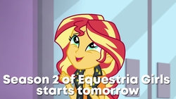 Size: 1280x720 | Tagged: safe, edit, edited screencap, screencap, sunset shimmer, a fine line, equestria girls, equestria girls series, g4, caption, cute, excited, image macro, shimmerbetes, soon, text, text edit