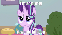 Size: 960x540 | Tagged: safe, edit, edited screencap, screencap, starlight glimmer, pony, unicorn, g4, marks for effort, adorable face, animated, blushing, caption, cute, daaaaaaaaaaaw, female, gif, glimmerbetes, image macro, loop, smiling, solo, text, text edit