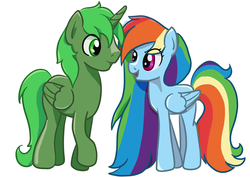 Size: 4092x2893 | Tagged: safe, artist:koharuveddette, rainbow dash, oc, oc:green thunder, alicorn, pegasus, pony, g4, alicorn oc, alternate hairstyle, commission, female, greendash, looking at each other, male, mare, never doubt blaa6 involvement, stallion, ych result