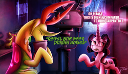 Size: 1250x725 | Tagged: safe, artist:jamescorck, thorax, oc, oc:movie slate, changedling, changeling, pony, g4, bucket, king thorax, movie, movie review, the thing (2011), vomiting