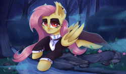Size: 4016x2362 | Tagged: safe, artist:php97, fluttershy, bat pony, pony, g4, bat ponified, female, flower, flutterbat, fluttergoth, forest, looking at you, mare, night, race swap, solo