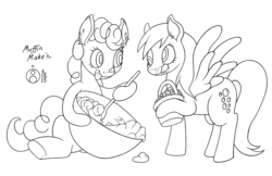 Size: 1000x648 | Tagged: safe, artist:sepiakeys, derpy hooves, pinkie pie, earth pony, pegasus, pony, g4, baking, basket, blueberry, bowl, duo, duo female, female, food, mare, mixing bowl, monochrome, tongue out
