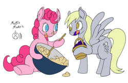 Size: 1000x648 | Tagged: safe, artist:sepiakeys, derpy hooves, pinkie pie, earth pony, pegasus, pony, g4, baking, basket, blueberry, bowl, colored pupils, duo, duo female, female, food, mare, mixing bowl, simple background, tongue out, white background