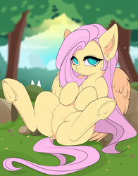 Size: 2586x3300 | Tagged: safe, artist:xsatanielx, fluttershy, pegasus, pony, rabbit, rcf community, g4, dock, female, grass, high res, looking at you, mare, no pupils, on back, solo, spread legs, spreading, wings