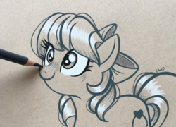 Size: 2861x2064 | Tagged: safe, artist:emberslament, oc, oc only, oc:tender sweets, earth pony, pony, blushing, boop, bow, colored pencil drawing, colored pencils, commission, cute, female, hair bow, high res, mare, pencil boop, photo, sketch, solo, traditional art