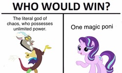 Size: 802x484 | Tagged: safe, discord, starlight glimmer, draconequus, pony, unicorn, g4, meme, op is a duck, who would win