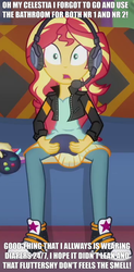 Size: 353x718 | Tagged: safe, edit, edited screencap, screencap, fluttershy, sunset shimmer, human, equestria girls, g4, game stream, my little pony equestria girls: better together, abdl, caption, clothes, controller, converse, couch, cropped, diaper, diaper fetish, dress, engrish, eyes open, female, fetish, floor, furniture, gamer, gamer sunset, hand, headphones, holding, image macro, implied diaper, indoors, jacket, leather, leather jacket, meme, non-baby in diaper, open mouth, pants, shirt, shoes, sitting, sneakers, stars, text, text edit, wall, wall of tags, woman