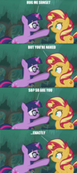 Size: 1920x4280 | Tagged: safe, edit, edited screencap, screencap, sci-twi, sunset shimmer, twilight sparkle, pony, unicorn, equestria girls, equestria girls specials, g4, my little pony equestria girls: better together, my little pony equestria girls: spring breakdown, caption, comic, dialogue, equestria girls ponified, glasses, image macro, impact font, implied hugging, implied nudity, ponified, text, unicorn sci-twi, we don't normally wear clothes