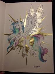 Size: 774x1032 | Tagged: safe, artist:clarissa0210, princess celestia, alicorn, pony, g4, colored wings, eyes closed, female, flying, mare, solo, spread wings, traditional art, unshorn fetlocks, wings