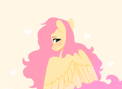 Size: 1700x1244 | Tagged: safe, artist:fioweress, fluttershy, pegasus, pony, g4, female, heart, looking at you, looking back, looking back at you, looking sideways, mare, simple background, sitting, smiling, solo, spread wings, wings