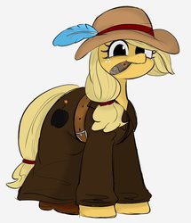 Size: 1013x1179 | Tagged: safe, artist:manachaaaaaaaa, applejack, earth pony, pony, g4, clothes, cute, female, freckles, hat, jackabetes, looking at you, mare, simple background, solo, trenchcoat, white background
