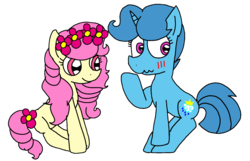 Size: 1680x1080 | Tagged: safe, artist:徐詩珮, spring rain, oc, oc:spring blossom, earth pony, pony, unicorn, g4, female, flower, flower in hair, shy, simple background, sisters, transparent background