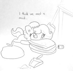 Size: 1313x1284 | Tagged: safe, artist:tjpones, oc, oc only, oc:brownie bun, earth pony, pony, black and white, blanket, broom, can, dialogue, dustpan, ear fluff, grayscale, lineart, lying, monochrome, simple background, solo, traditional art, trash bag, white background