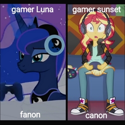 Size: 1517x1517 | Tagged: safe, artist:forgalorga, edit, screencap, princess luna, sunset shimmer, alicorn, pony, everyone loves princess luna, gamer luna, something about the princesses, equestria girls, equestria girls series, g4, game stream, clothes, controller, converse, cropped, dream, female, gamer sunset, headphones, night, pillow, shoes, side by side, sneakers, text edit
