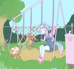 Size: 2560x2400 | Tagged: safe, artist:php93, oc, oc only, oc:lawrence, oc:stargrazer, alpaca, changeling, anthro, blood, bloodshot eyes, changeling oc, flower, fountain, high res, playground, scrapes, swing, swing set, tree